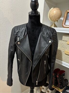 H&M Black Quilted Shoulder Leather-Style Biker Jacket